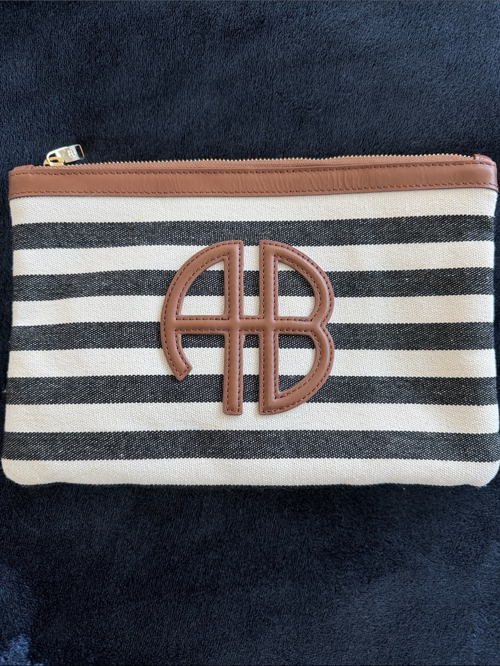 Anine Bing Striped Canvas Pouch with Tan Leather Trim